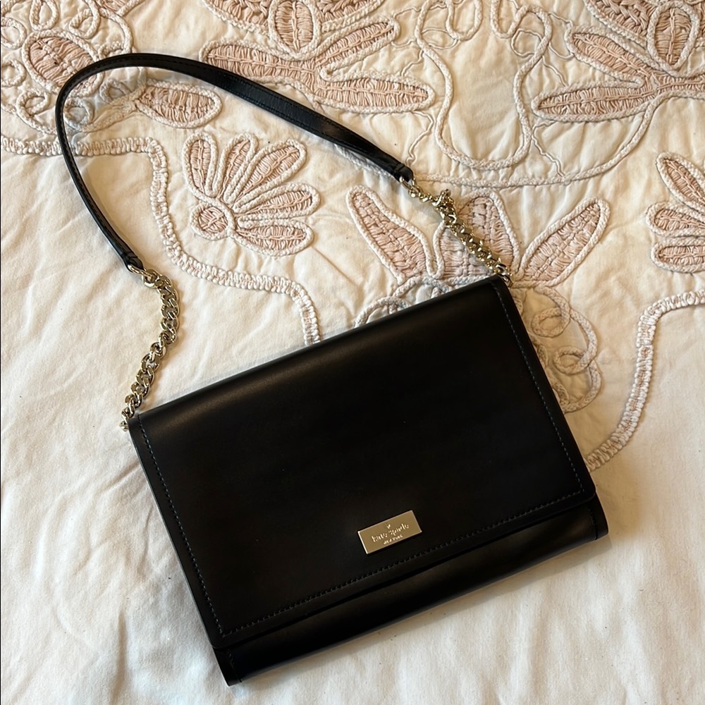 Kate Spade Black Leather Shoulder Bag Hot Pink Fucsia Interior Gold Accents